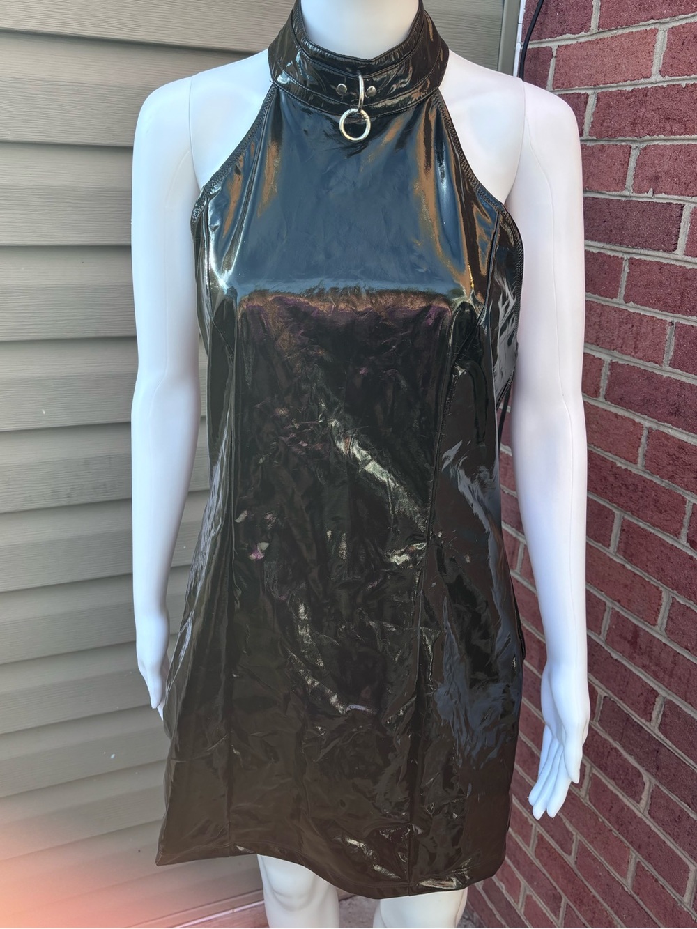 DOLLS KILL WIDOW BLACK FAUX LEATHER O RING NECK ZIP BACK DRESS SIZE XL